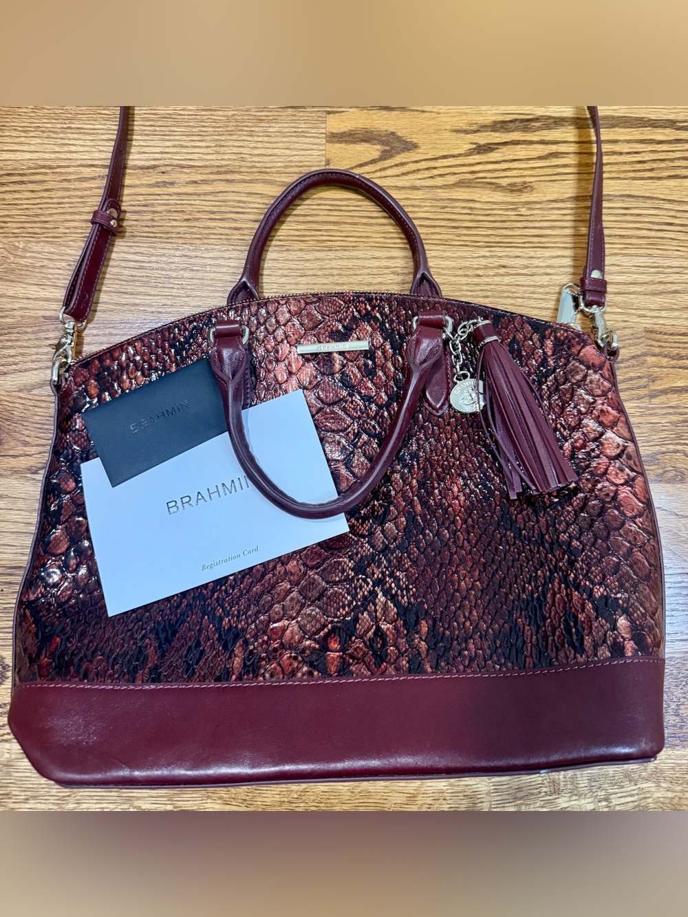 BRAHMIN Large Duxbury Satchel Cranberry Valerian Leather Snakeskin Bag EUC